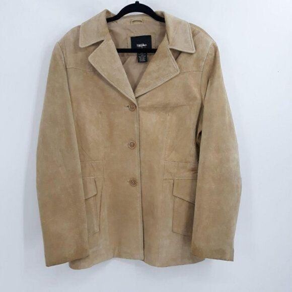 Vtg 90s Mossimo Blazer Shacket Leather Suede Western Boyfriend 3 Button Tan Sz L - Picture 1 of 8